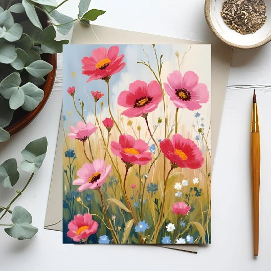 Blushing Blooms | 桃色の花畑のフラワー ポストカード