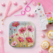 Blushing Blooms | Pink Flower Meadow Floral ペーパープレート (パーティー)