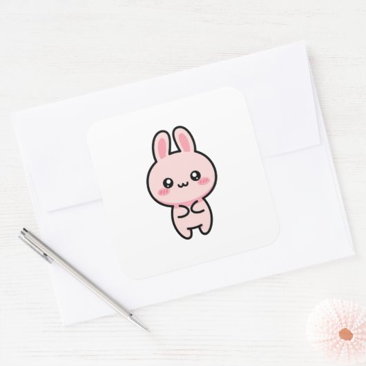 Blushing Bunny – Cute Kawaii Illustration スクエアシール (封筒)