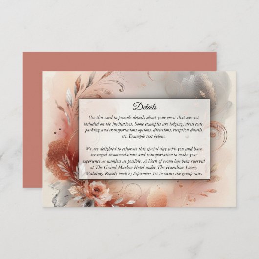 Blushing Petals and Silver Swirls Wedding エンクロージャーカード (正面/裏面)