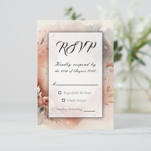 Blushing Petals and Silver Swirls Wedding 出欠カード (スタンド正面)