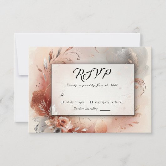 Blushing Petals and Silver Swirls Wedding 出欠カード (正面)