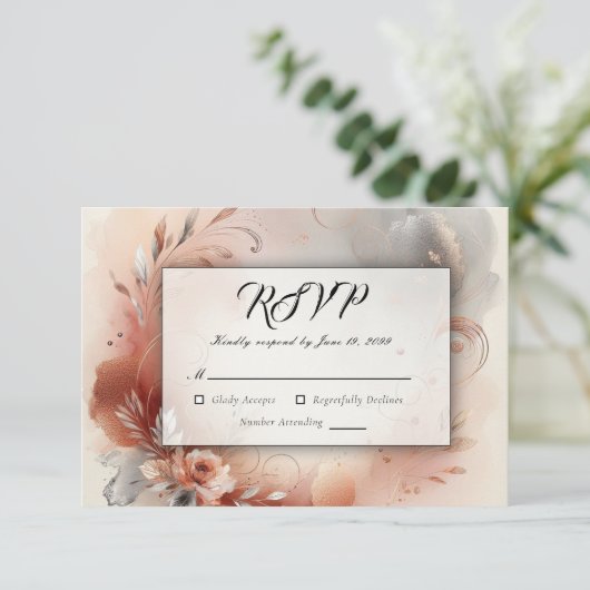 Blushing Petals and Silver Swirls Wedding 出欠カード (スタンド正面)