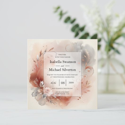 Blushing Petals and Silver Swirls Wedding 招待状 (スタンド正面)