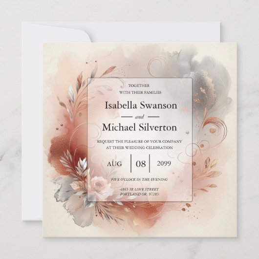 Blushing Petals and Silver Swirls Wedding 招待状 (正面)