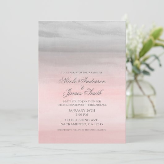 Blushing Pink & Grey Modern Watercolor Wedding 招待状 (スタンド正面)