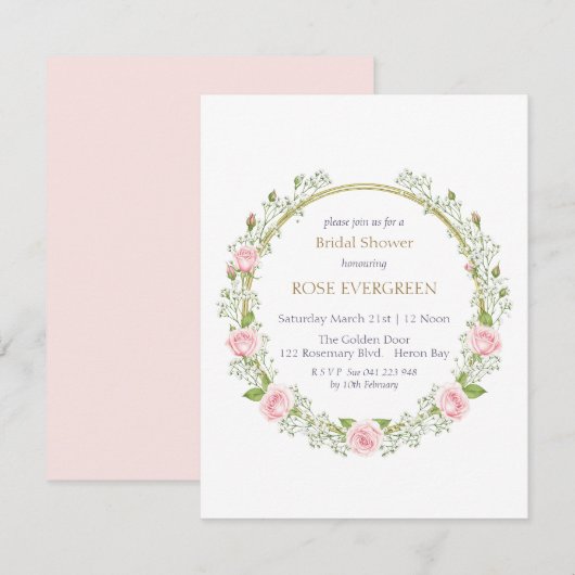 Blushing Romance: Pink Roses and Baby’s Breathe 招待状 (正面/裏面)