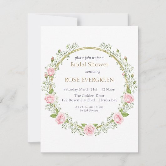 Blushing Romance: Pink Roses and Baby’s Breathe 招待状 (正面)