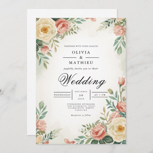 Blushing Rose Botanical Arch Wedding 招待状 (正面/裏面)