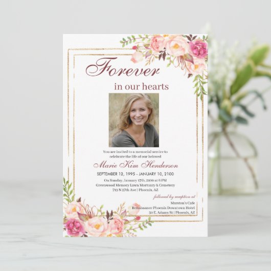 BlushPink Boho Gold Memorial Service Funeral Photo 招待状 (スタンド正面)