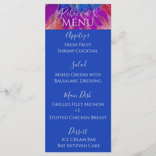 BMこうもりまたはバー（ユダヤ教の）バル・ミツバーエレガント絞り染めフードメニュー メニュー (正面)