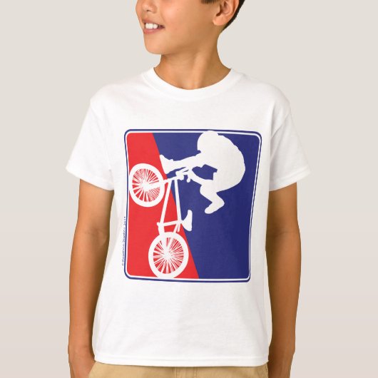 BMXのバイクもしくは自転車に乗る人の赤い白くおよび青 Tシャツ (正面)