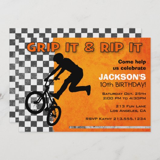 BMXバイクボーイズ誕生日パーティオレンジ 招待状 (正面/裏面)