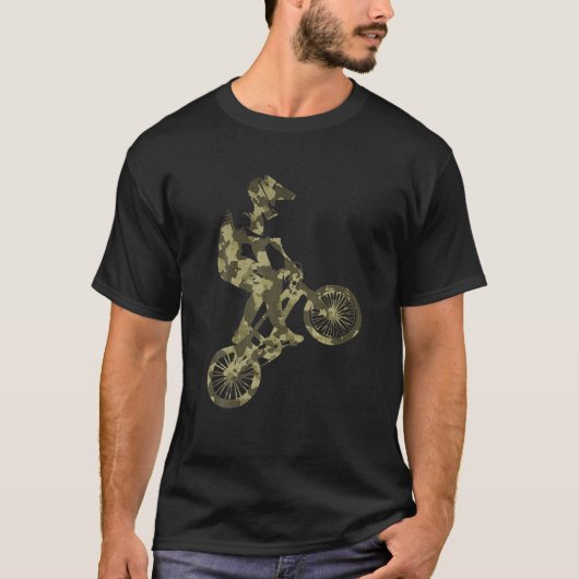 BMXレーシングエクストリームスポーツバイクライダーカモフラージュ Tシャツ (正面)