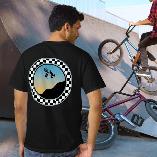 BMX自転車モトクロス市松模様にラウンドデザイン Tシャツ