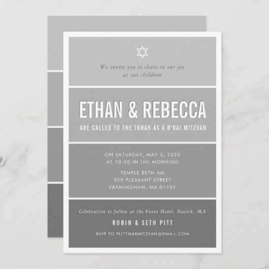 B'NAI(ユダヤ教の)バル・ミツバーグラデモダンィティグラデーションミディアムグレー 招待状 (正面/裏面)