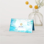 B'nai（ユダヤ教の）バル・ミツバーターコイズウォーターカラー名前をカスタムする プレイスカード (裏面)