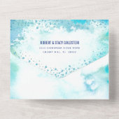 B'nai（ユダヤ教の）バル・ミツバーターコイズ水カラー金ゴールドスクリプト オールインワン招待状 (裏面)