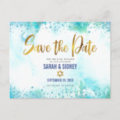 B'nai(ユダヤ教の)バル・ミツバーデ救ート金ゴールドターコイズ水彩 インビテーションポストカード (正面)