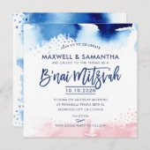 B'NAI（ユダヤ教の）バル・ミツバーハンドレターブルー&ピンクウォーター色 招待状 (正面/裏面)