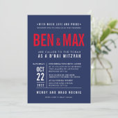 B'NAI（ユダヤ教の）バル・ミツバーブロックモダンはっきりしたタイプネイビーブルーレッド 招待状 (スタンド正面)