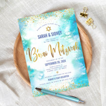 B'nai（ユダヤ教の）バル・ミツバーモダン金ゴールドターコイズウォーターカラー