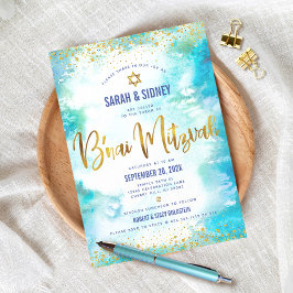 B'nai(ユダヤ教の)バル・ミツバーモダン金ゴールドターコイズウォーターカラー 招待状