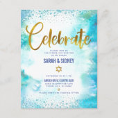 B'nai(ユダヤ教の)バル・ミツバーモダン金ゴールドターコイズ水彩 エンクロージャーカード (正面)