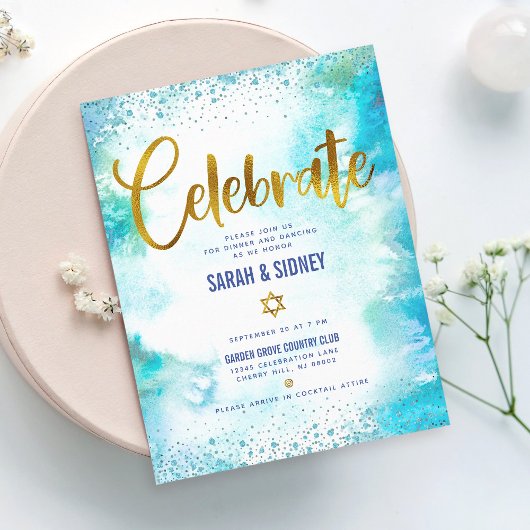 B'nai(ユダヤ教の)バル・ミツバーモダン金ゴールドターコイズ水彩 エンクロージャーカード