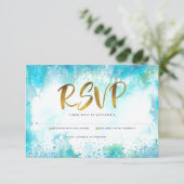 B'nai(ユダヤ教の)バル・ミツバーモダン金ゴールドターコイズ水彩 出欠カード (スタンド正面)