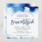 B'NAI（ユダヤ教の）バル・ミツバー招待状ハンドレターブルー 招待状 (正面/裏面)