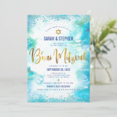 B'nai(ユダヤ教の)バル・ミツバー金ゴールドスクリプトターコイズ水彩 招待状 (スタンド正面)