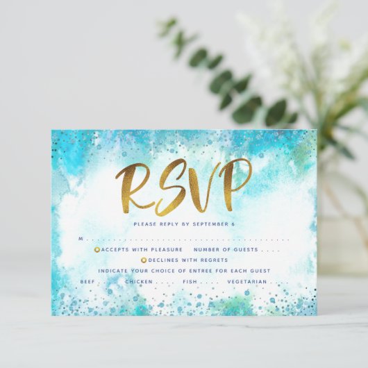 B'nai（ユダヤ教の）バル・ミツバー金ゴールドターコイズウォーターカラーエントレ 出欠カード (スタンド正面)