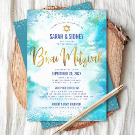 B'nai(ユダヤ教の)バル・ミツバー金ゴールドターコイズウォーターカラー2会場 招待状