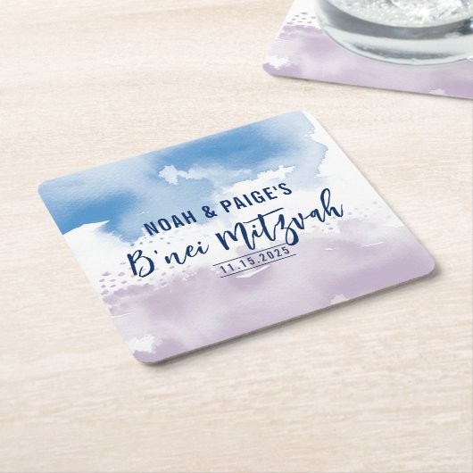 B'NEI（ユダヤ教の）バル・ミツバーシモダンール青水色 スクエアペーパーコースター (アングル)
