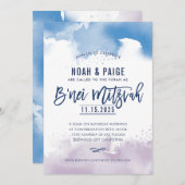 B'NEI(ユダヤ教の)バル・ミツバー手書きブルー&パープル水色 招待状 (正面/裏面)