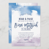 B'NEI(ユダヤ教の)バル・ミツバー手書きブルー&パープル水色 招待状 (正面/裏面)