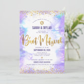 B'not(ユダヤ教の)バル・ミツバーモダンゴールドフォイルパープルウォーター色 招待状 (スタンド正面)