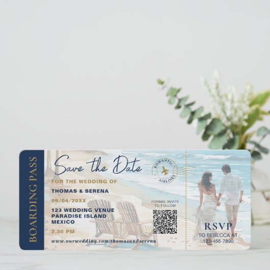 Boarding Pass Beach Save The Date QR Code Wedding 招待状 (スタンド正面)