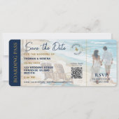 Boarding Pass Beach Save The Date QR Code Wedding 招待状 (正面)