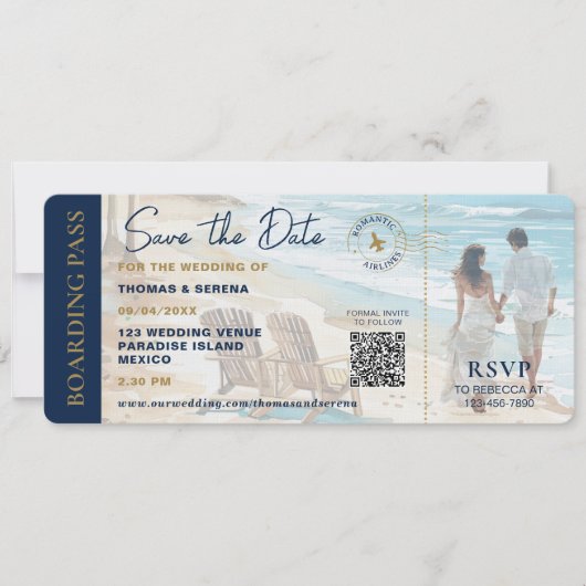Boarding Pass Beach Save The Date QR Code Wedding 招待状 (正面)