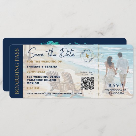 Boarding Pass Beach Save The Date QR Code Wedding 招待状 (正面/裏面)