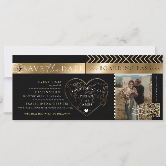 Boarding Pass Black Gold Wedding Save The Date 招待状 (正面)