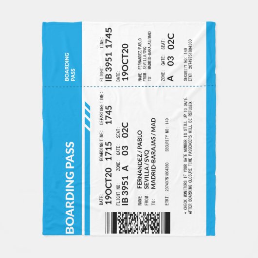 Boarding Pass (blue) フリースブランケット (正面)