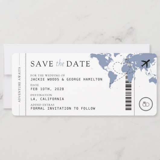 Boarding Pass Dusty Blue 3 Photos Wedding セーブザデート (正面)