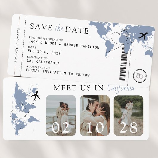 Boarding Pass Dusty Blue 3 Photos Wedding セーブザデート