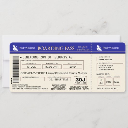 BOARDING PASS Flugticket Einladungskarte (blau) 招待状 (正面)