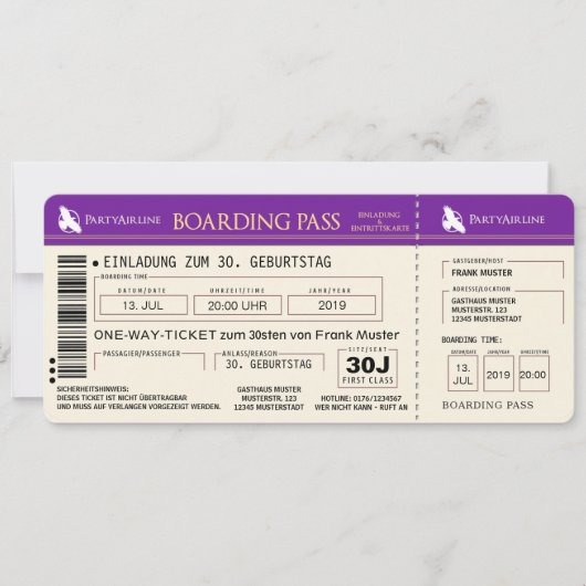 BOARDING PASS Flugticket Einladungskarte (lila) 招待状 (正面)