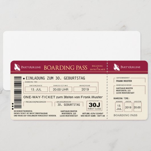 BOARDING PASS Flugticket Einladungskarte (rot) 招待状 (正面/裏面)