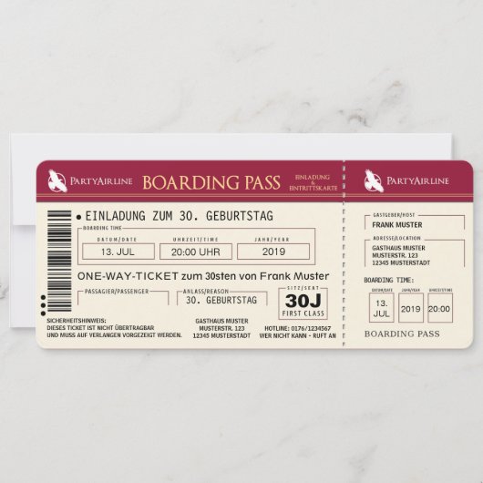 BOARDING PASS Flugticket Einladungskarte (rot) 招待状 (正面)